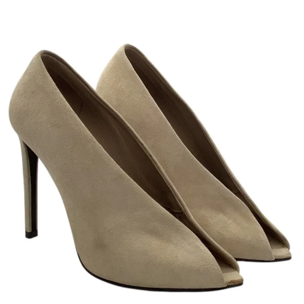BALENCIAGA Split Vamp Stiletto Pumps 36 6 Booties Peep Toe Suede Neutral Beige
